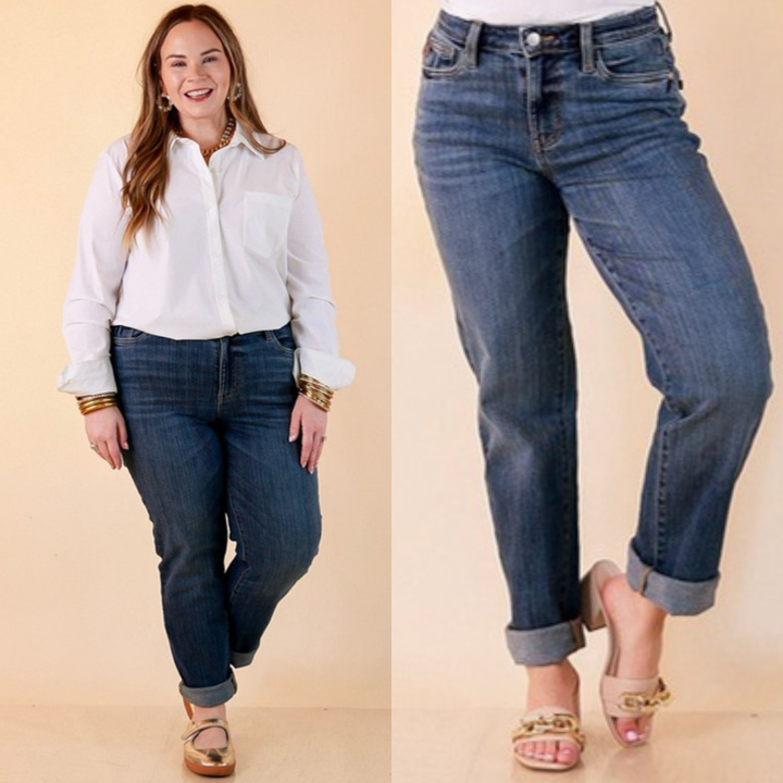 Roll With It cuffed boyfriend jeans in medium wash