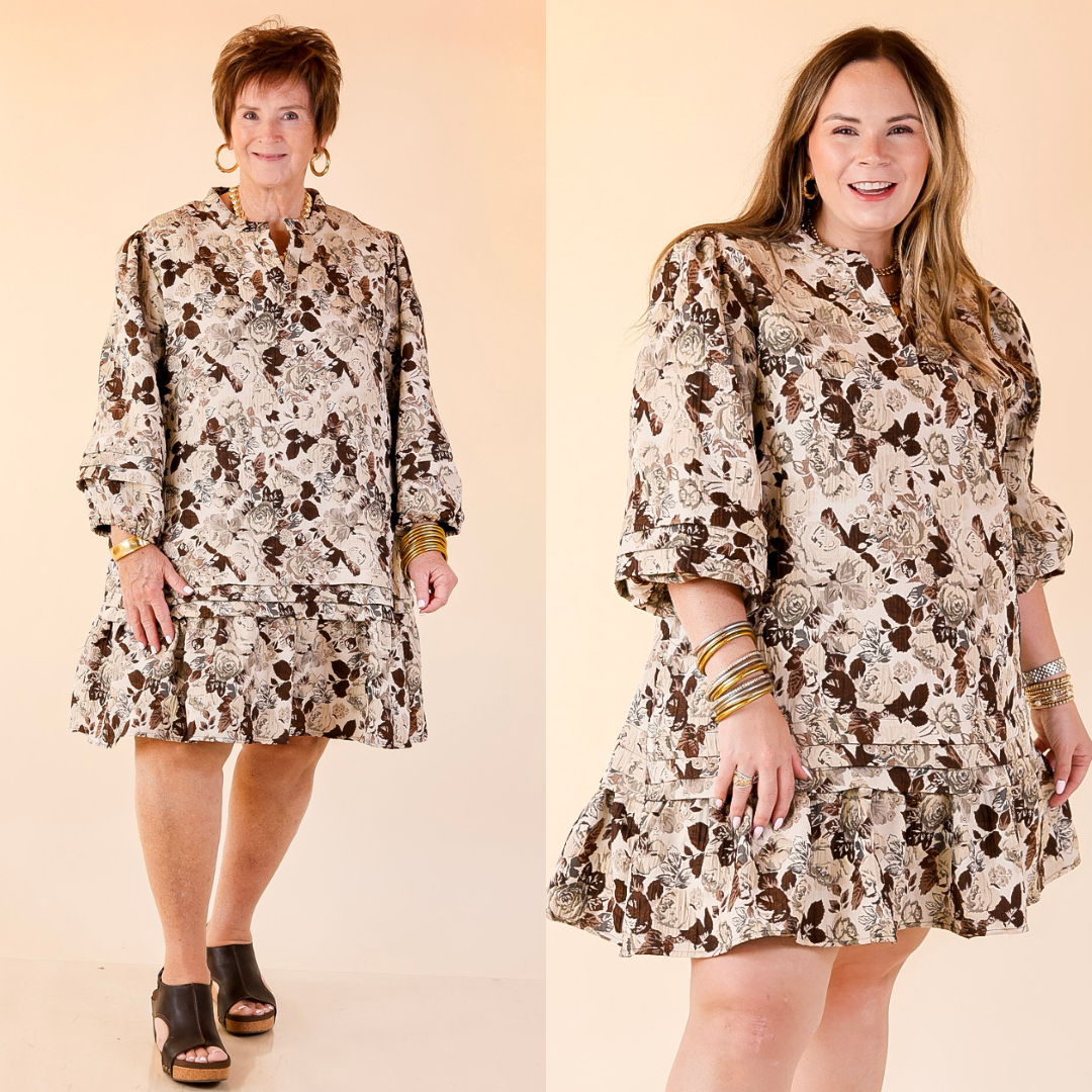 Two women wearing floral dresses on a beige background