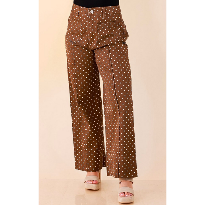 Rosy Outlook Polka Dot Print Wide Leg Denim Pants with Front Seam and Pockets in Chocolate Brown