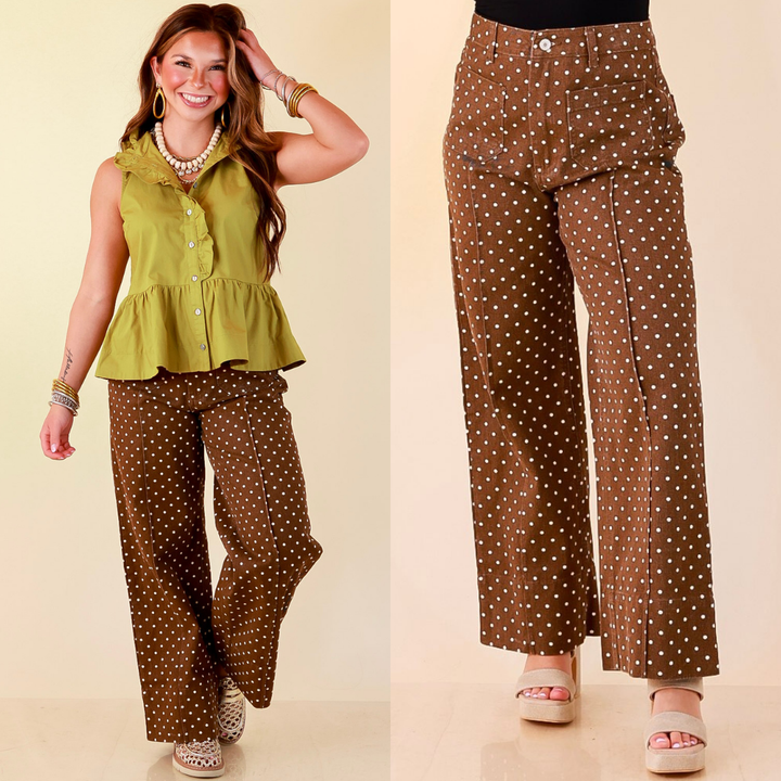 Rosy Outlook Polka Dot Print Wide Leg Denim Pants with Front Seam and Pockets in Chocolate Brown