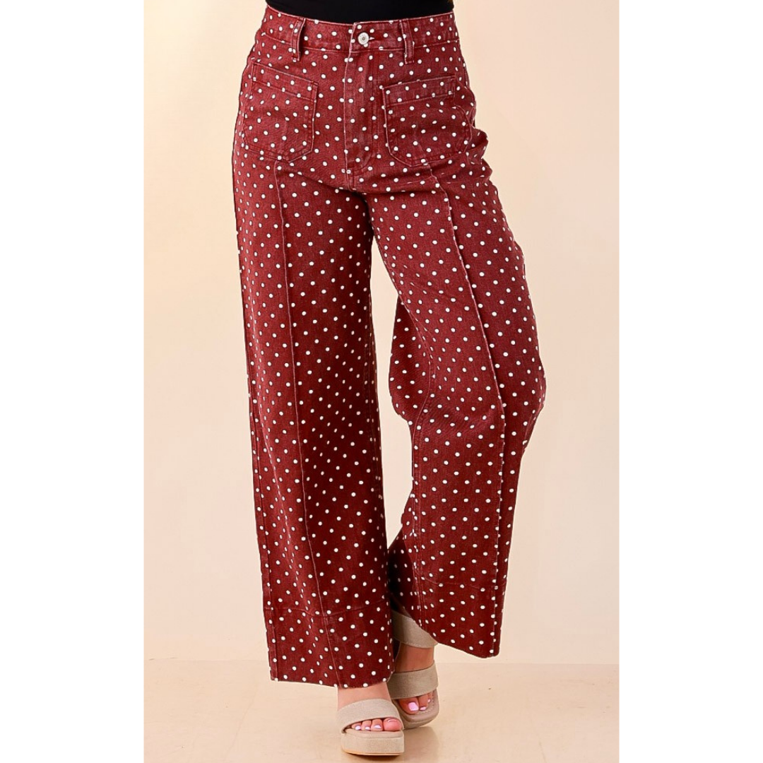 Rosy Outlook Polka Dot Print Wide Leg Denim Pants with Front Seam and Pockets in Maroon