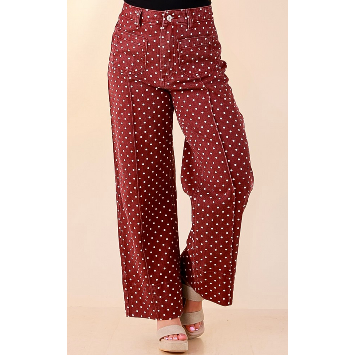 Rosy Outlook Polka Dot Print Wide Leg Denim Pants with Front Seam and Pockets in Maroon