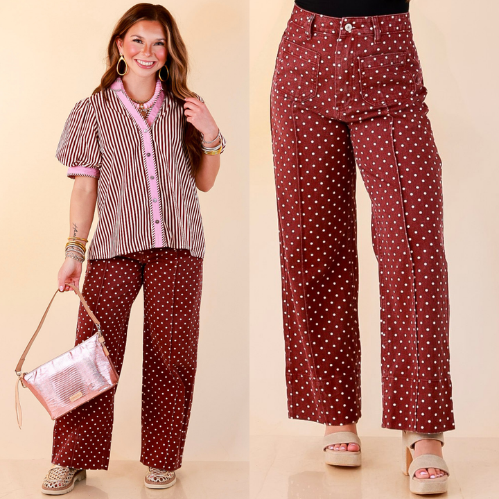 Rosy Outlook Polka Dot Print Wide Leg Denim Pants with Front Seam and Pockets in Maroon