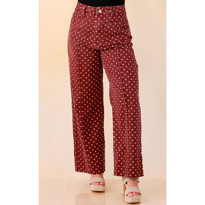 Rosy Outlook Polka Dot Print Wide Leg Denim Pants with Front Seam and Pockets in Maroon