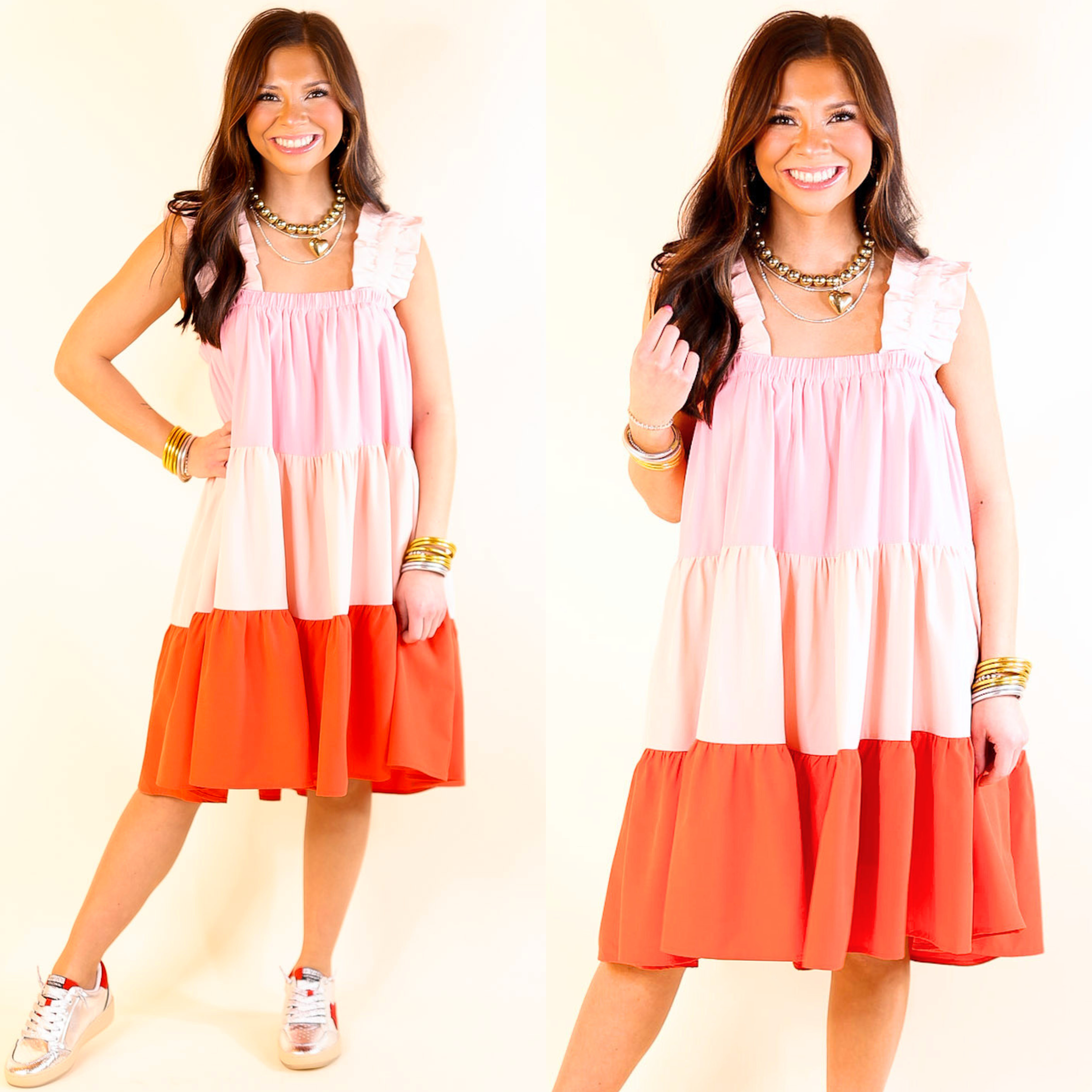 Whisk Me Away Ruched Strap Color Block Dress in Pink Mix