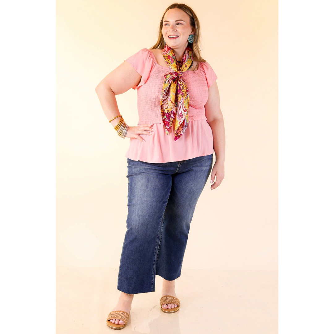 Ruffle Me Up Smocked Bodice Peplum Top with Ruffle Cap Sleeves in Coral Pink