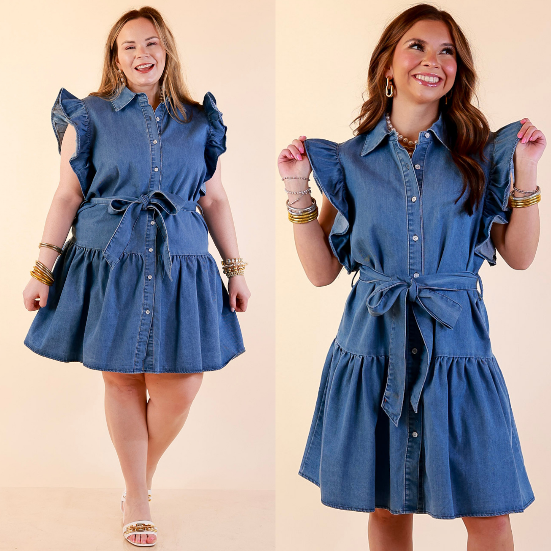 Models are wearing Ruffle Sleeve Button Front Denim Dress with Collard and Peplum Hem in Medium Wash against a beige backdrop. 