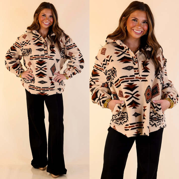 Rustic Retreat Super Soft Quarter Button Pullover Sherpa Sweatshirt in Cream