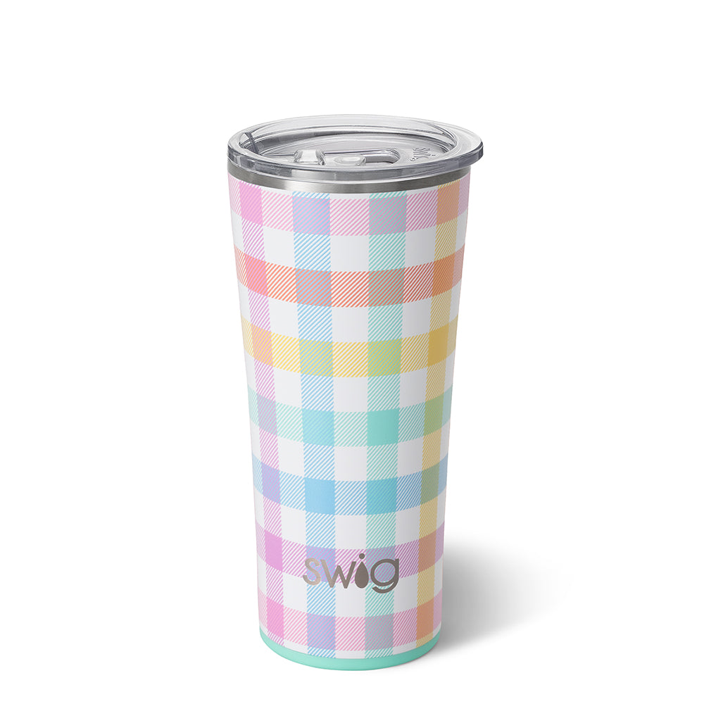 22 oz tumbler cup. This cup is white with pastel colored plaid on top. The background of the picture is white.