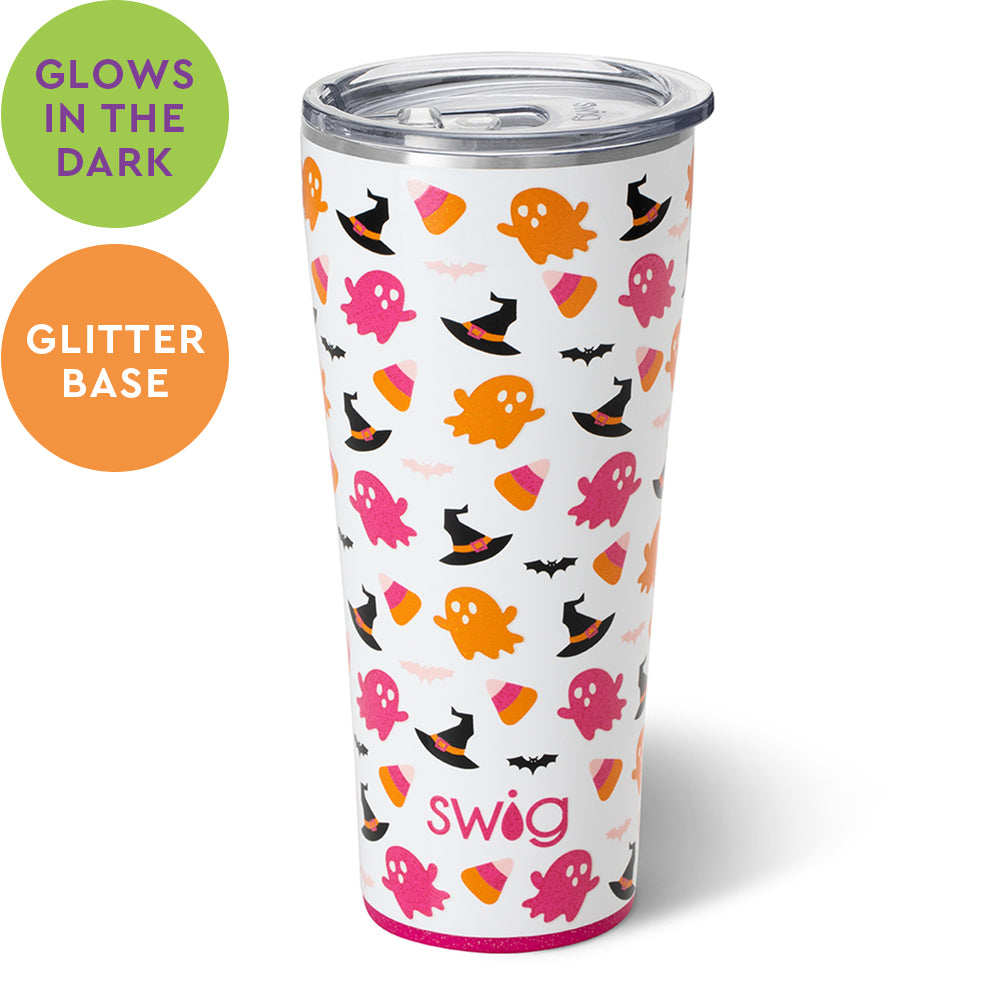 Hey boo 32 oz tumbler cup. This cup is white with pink, orange, and black halloween decorations on it. The background of the picture is white.