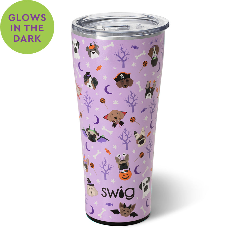 Howl-o-ween 32 ooz tumbler cup. This cup is purple with halloween themed dog decorations. The cup is pictured on a white background.