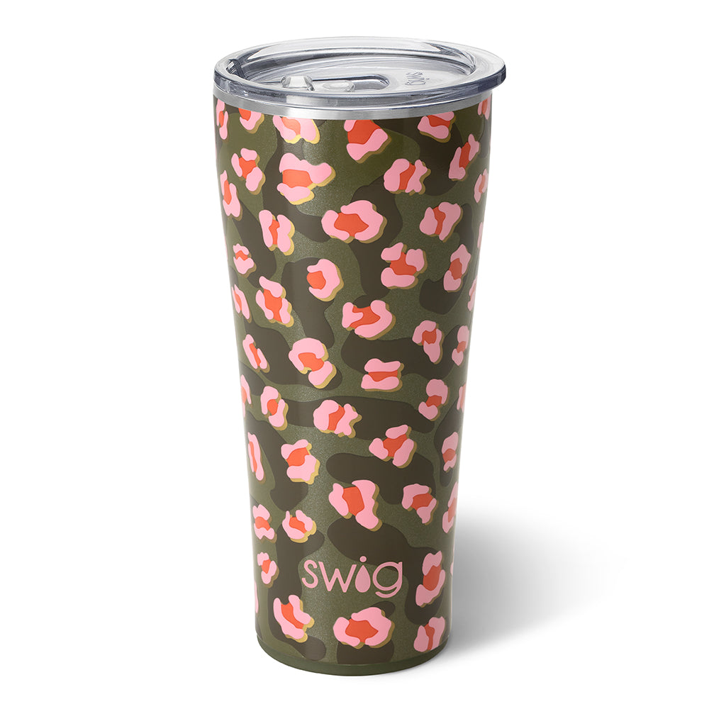 32 oz On the prowl tumbler. This cup is green camo wit pink designs on top. The lid is clear. Pictured on a white background.