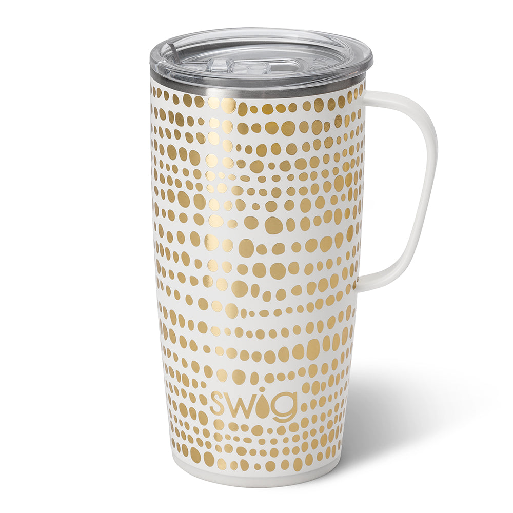 Glamazon gold 22 oz travel mug. This is a white tall mug with gold design on it. The cup has a handle and a lid. The background of the picture is white.
