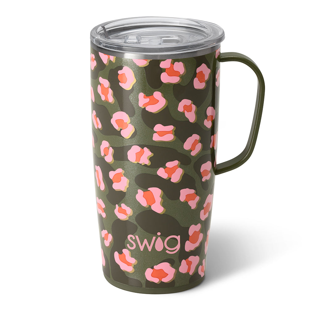 On the prowl 22 oz travel mug. The cup is green with pink designs on top. The cup has a green handle and a clear lid. Pictured on a white background.