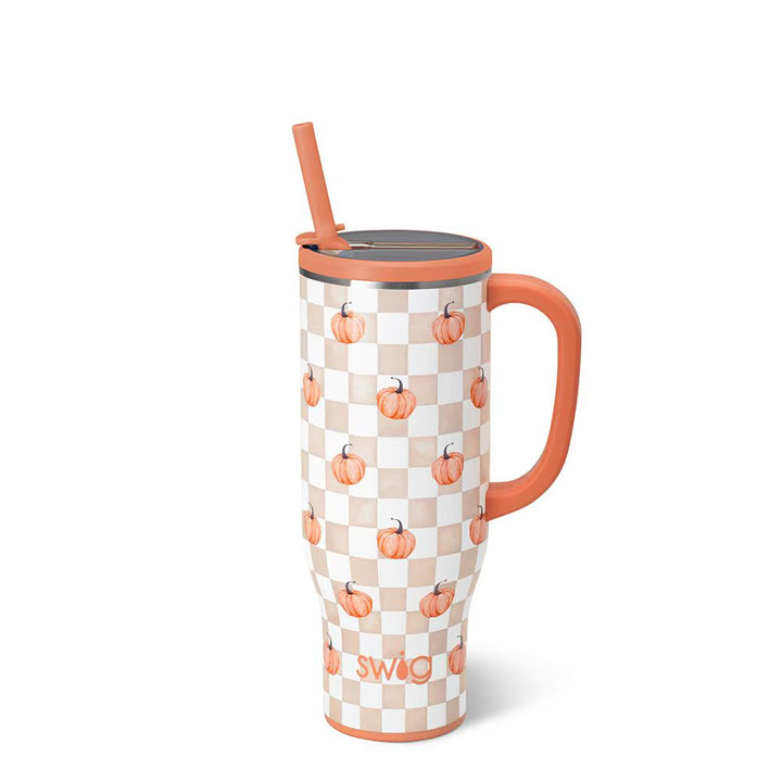 Insulated 30 ounce mega mug in a tan and white check print scattered with small orange pumpkins, with a coral handle, lid and straw.