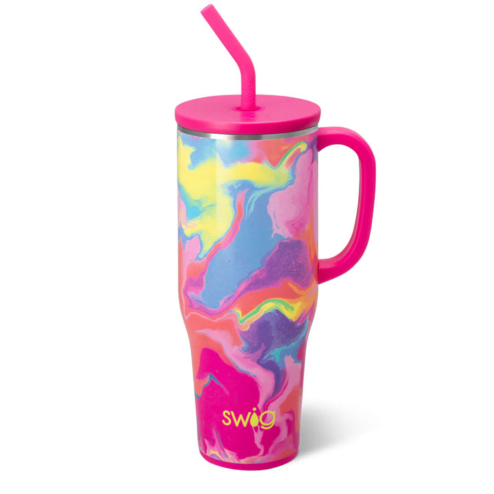 40oz insulated tumbler with colorful watercolor like patter. This tumbler has a comfort-grip handle in hot pink, double-walled vacuum-sealed copper-plated design, X-Large Straw Lid with silicone gasket in hot pink. Fits most standard cup holders.
