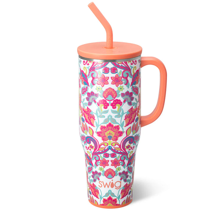 40oz insulated tumbler with multicolored flowers and whimsical patters. This tumbler has a comfort-grip handle, double-walled vacuum-sealed copper-plated design, X-Large Straw Lid with silicone gasket. Fits most standard cup holders.