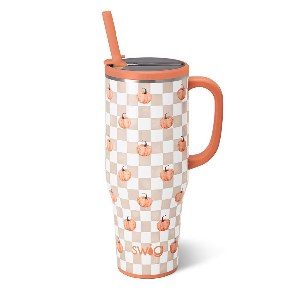 Insulated 40 ounce mega mug in a tan and white check print with orange pumpkins, with a coral handle, lid and straw.