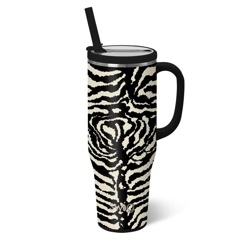 Insulated 40 ounce mega mug in a black and cream zebra stripe print with a black handle, lid and straw.