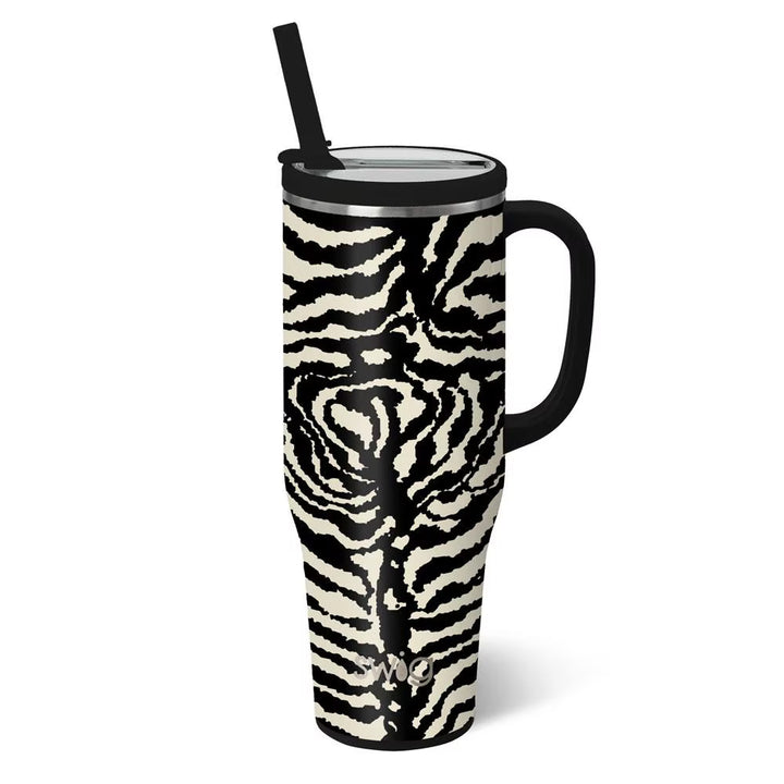 Insulated 40 ounce mega mug in a black and cream zebra stripe print with a black handle, lid and straw.