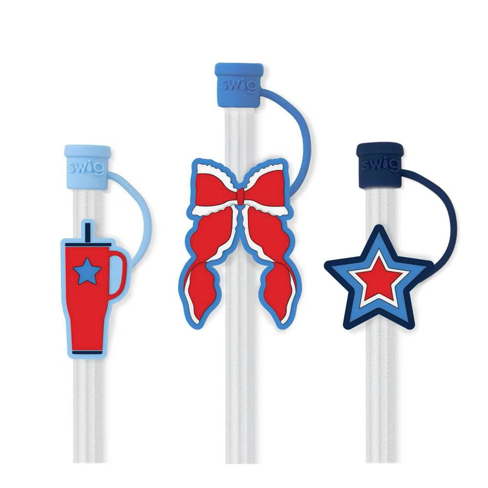 3 reusable straws with 3 silicone toppers. A colored cap that covers the straw opening. Each topper has a icon on it (left to right) tumbler in red with blue star, patriotic colored bow, and patriotic star.