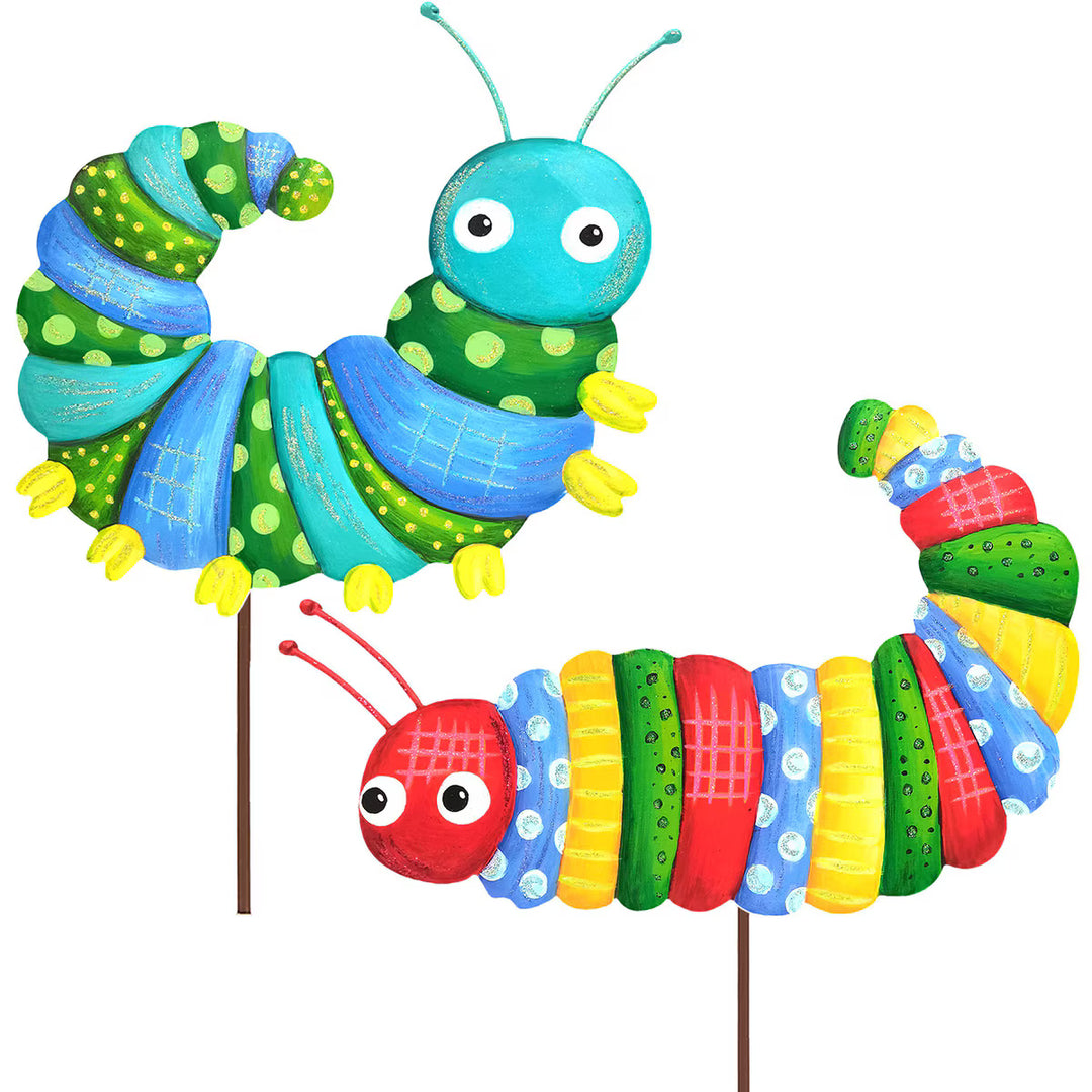 The Round Top Collection | Colorful Crazy Patterned Caterpillars Metal Garden Stakes in Multiple Color Options