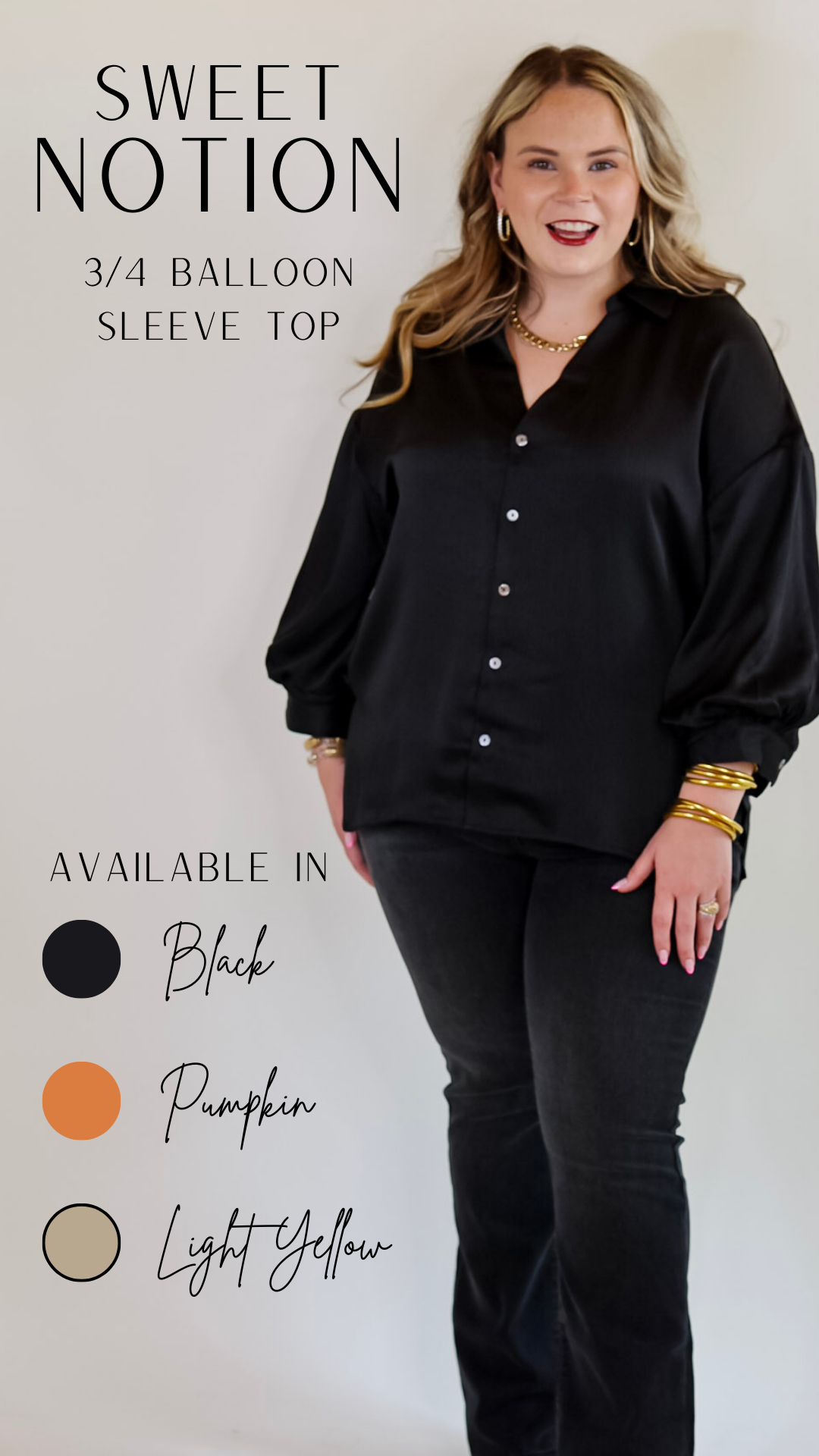 Sweet Notion Button Up 3/4 Balloon Sleeve Top in Black