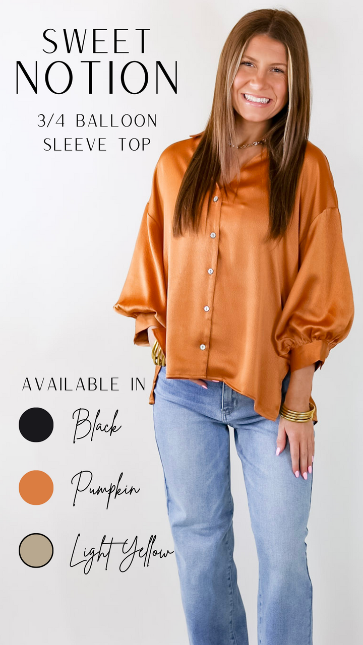Sweet Notion Button Up 3/4 Balloon Sleeve Top in Pumpkin Orange - Giddy Up Glamour Boutique