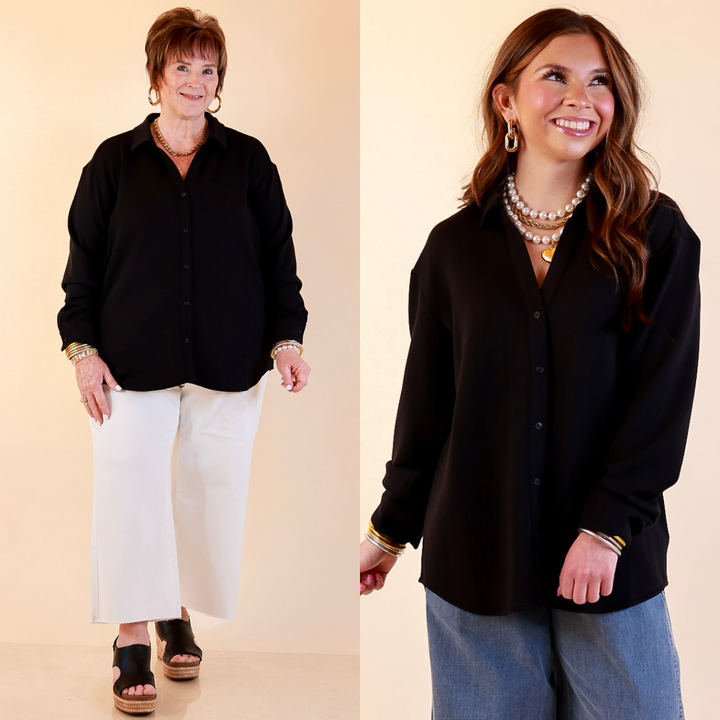 Models are wearing SPANX AirEssentials Button Down Top in Black with Jeans against a beige backdrop. 