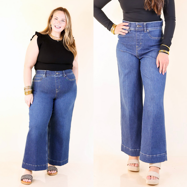 Built-in TummyTamer Tech™, cropped wide leg, faux button front, no zippers, faux front pockets, and functional back pockets. Sizes small through plus sizes. 