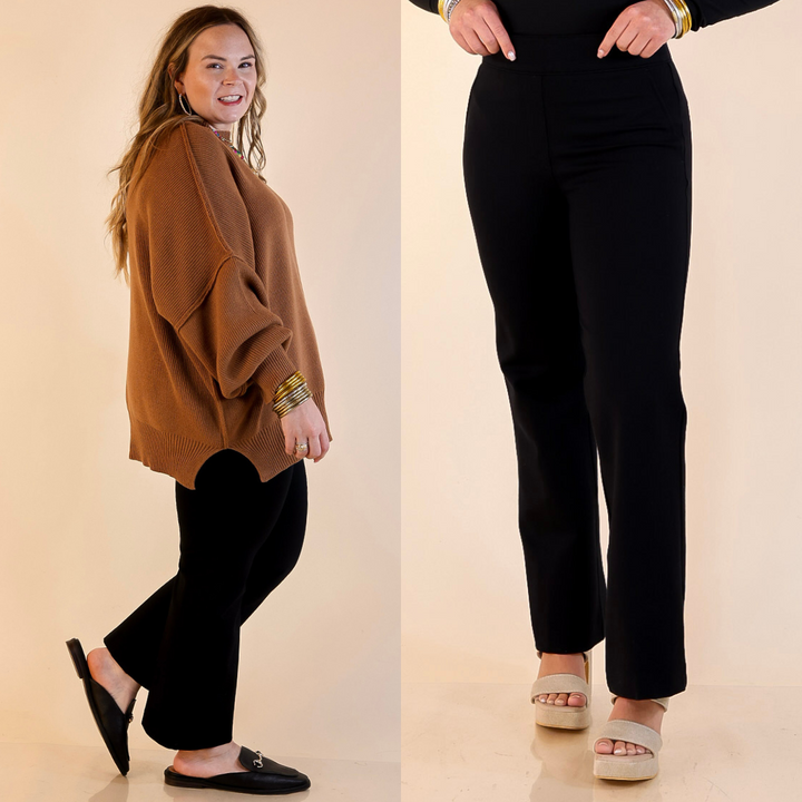 Models are wearing 'Perfect Fit' Ponte Kick Flare Pant in Black on a beige background.