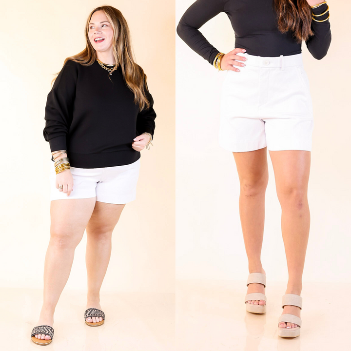 5" Shorts feature soft 4-way stretch, a built-in 360° smoothing panel, functional zip and button closure, no-gap zip pockets. Sizes small through plus sizes.