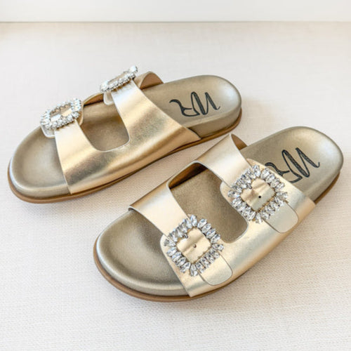 Online Exclusive | Stellar Rhinestone Buckle Slides in Metallic Gold