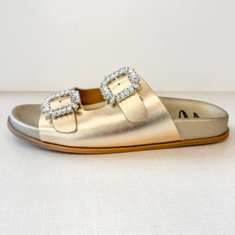 Online Exclusive | Stellar Rhinestone Buckle Slides in Metallic Gold