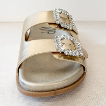 Online Exclusive | Stellar Rhinestone Buckle Slides in Metallic Gold