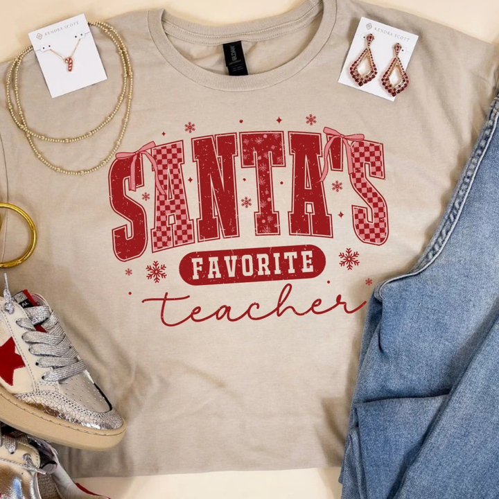 Online Exclusive | Santa's Favorite Teacher Christmas Graphic on Tee and Sweatshirt Options