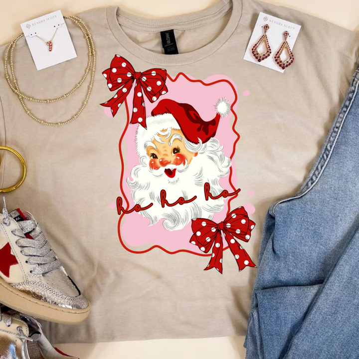 Online Exclusive | Pink Polka Dot Santa Christmas Graphic on Tee and Sweatshirt Options