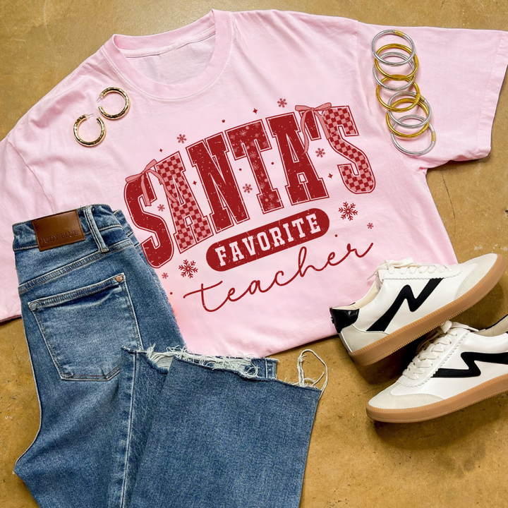 Online Exclusive | Santa's Favorite Teacher Christmas Graphic on Tee and Sweatshirt Options
