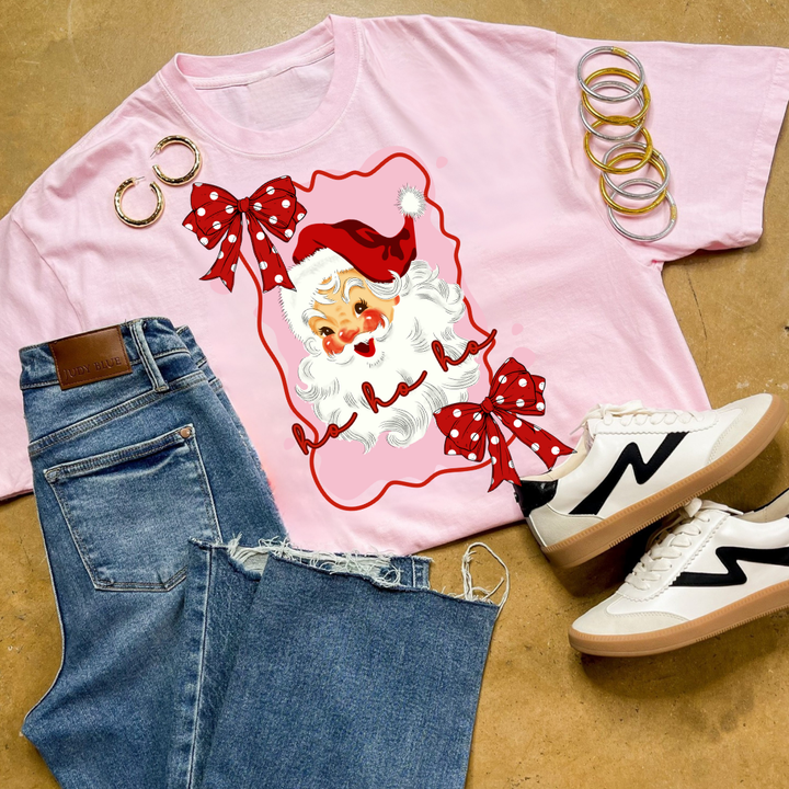 Online Exclusive | Pink Polka Dot Santa Christmas Graphic on Tee and Sweatshirt Options