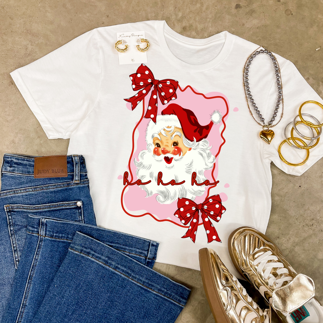 Online Exclusive | Pink Polka Dot Santa Christmas Graphic on Tee and Sweatshirt Options