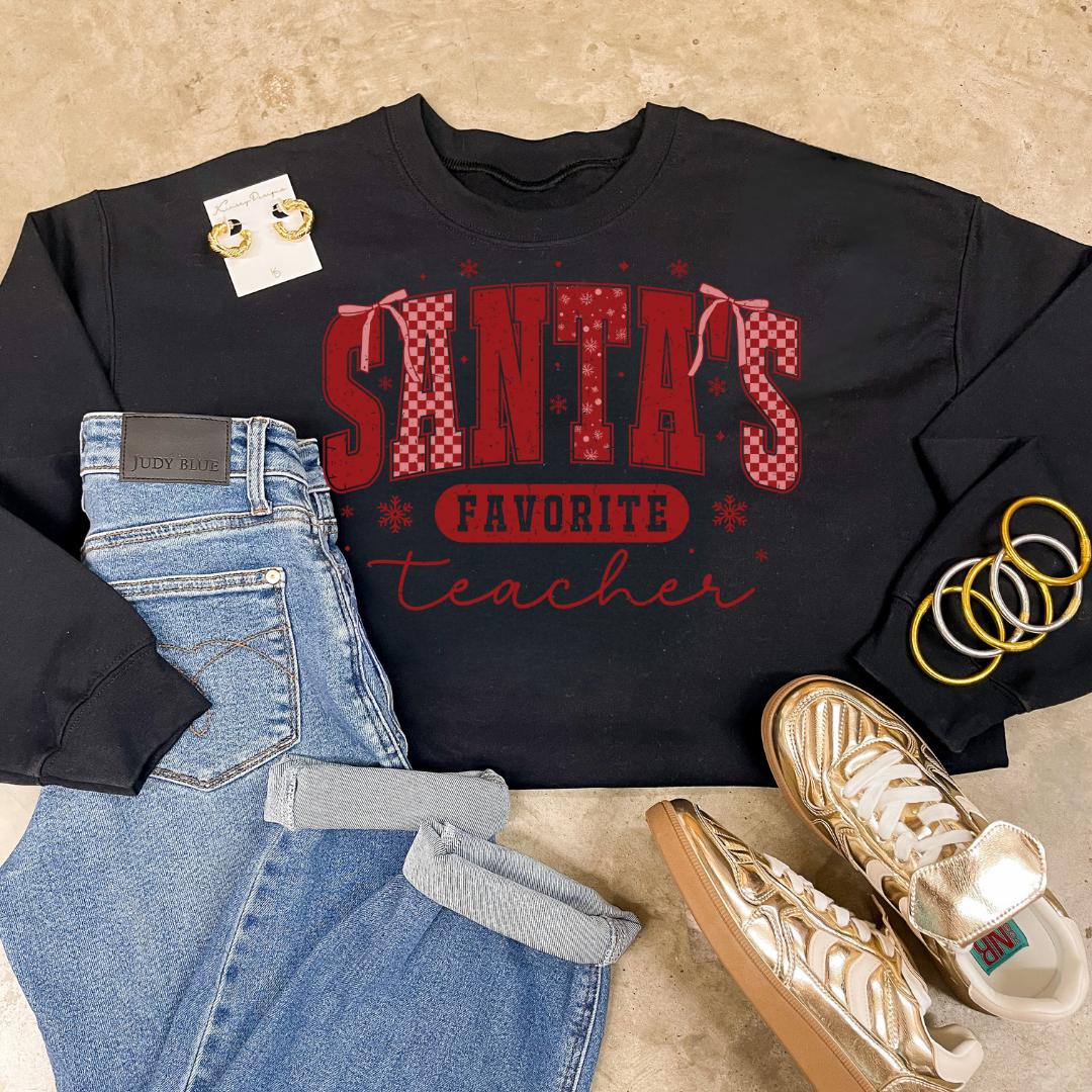 Online Exclusive | Santa's Favorite Teacher Christmas Graphic on Tee and Sweatshirt Options