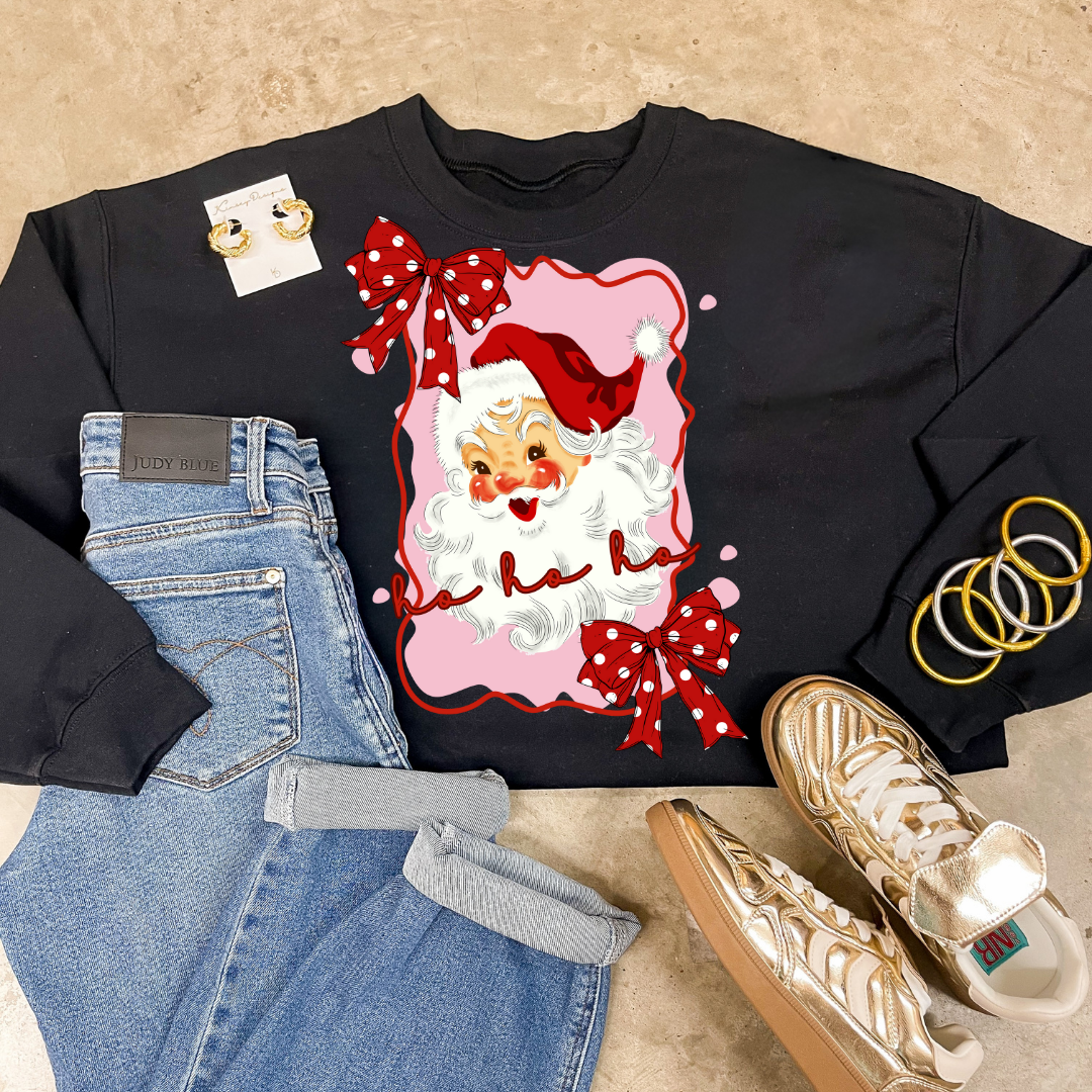 Online Exclusive | Pink Polka Dot Santa Christmas Graphic on Tee and Sweatshirt Options