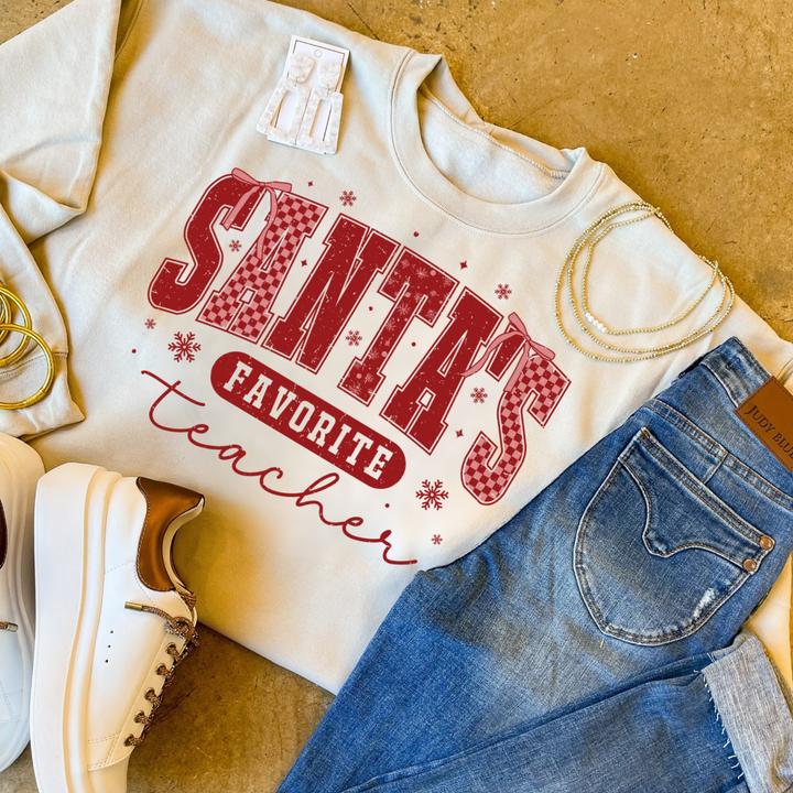 Online Exclusive | Santa's Favorite Teacher Christmas Graphic on Tee and Sweatshirt Options