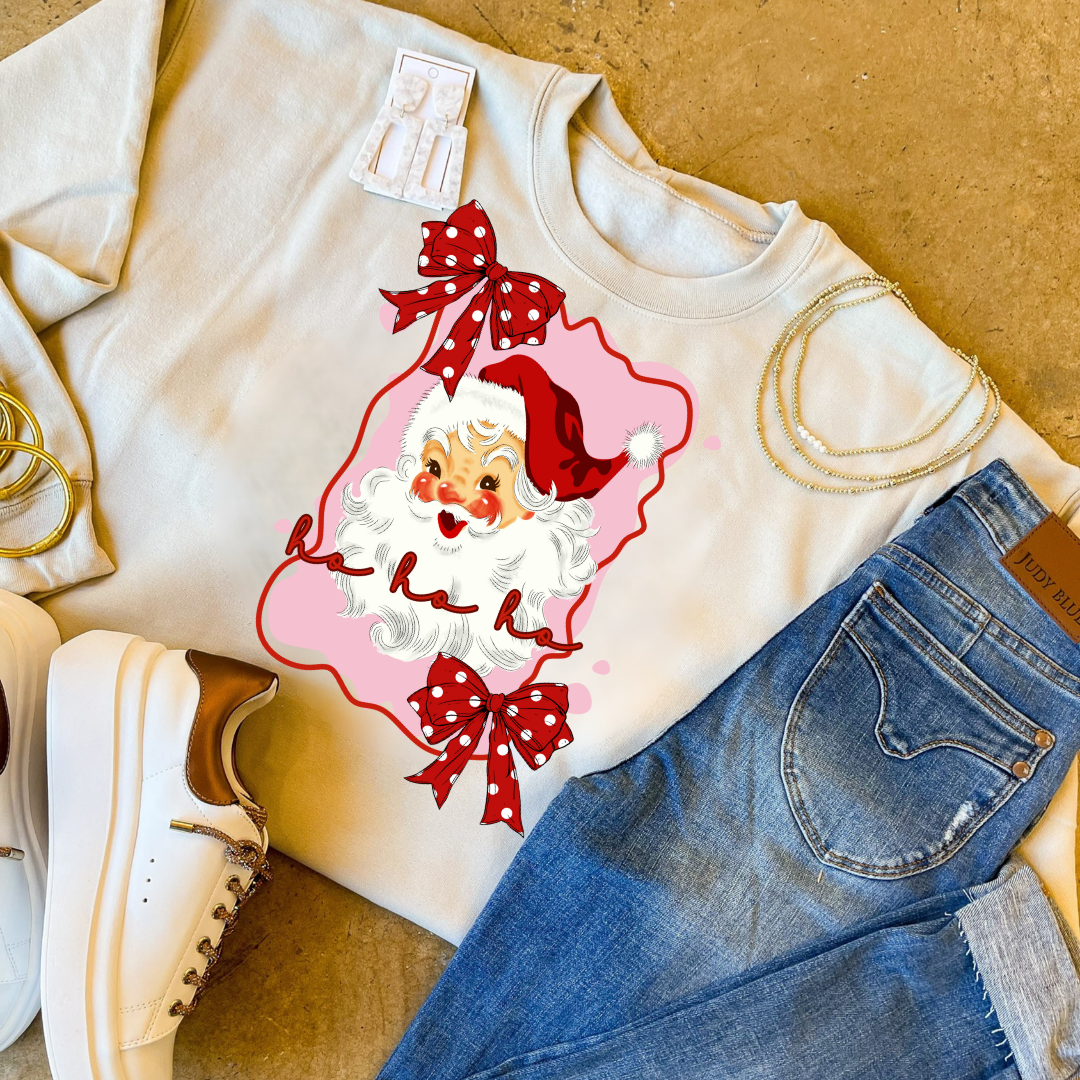 Online Exclusive | Pink Polka Dot Santa Christmas Graphic on Tee and Sweatshirt Options
