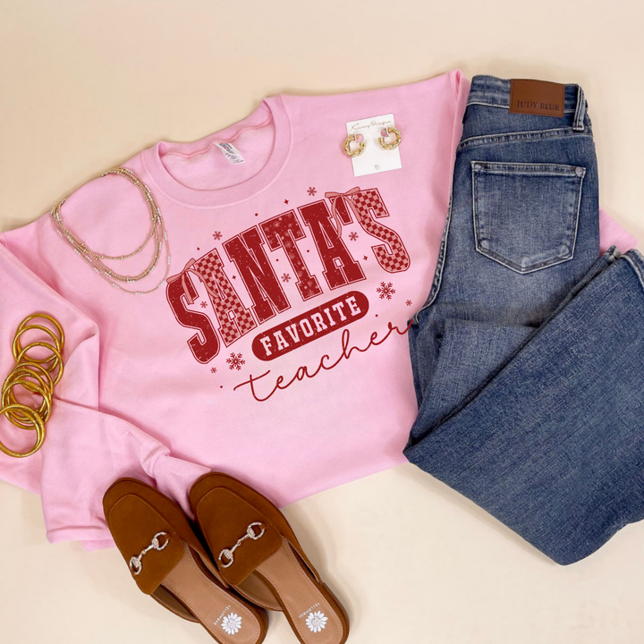 Online Exclusive | Santa's Favorite Teacher Christmas Graphic on Tee and Sweatshirt Options
