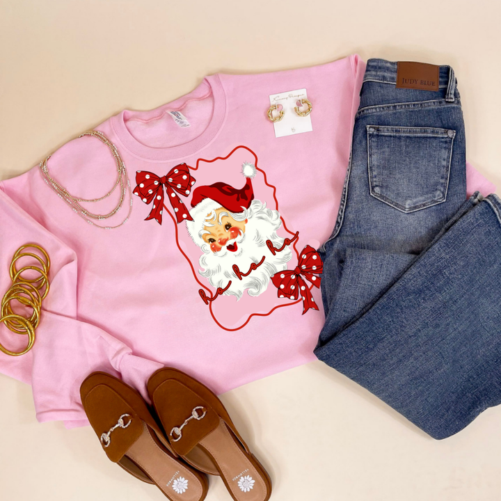 Online Exclusive | Pink Polka Dot Santa Christmas Graphic on Tee and Sweatshirt Options
