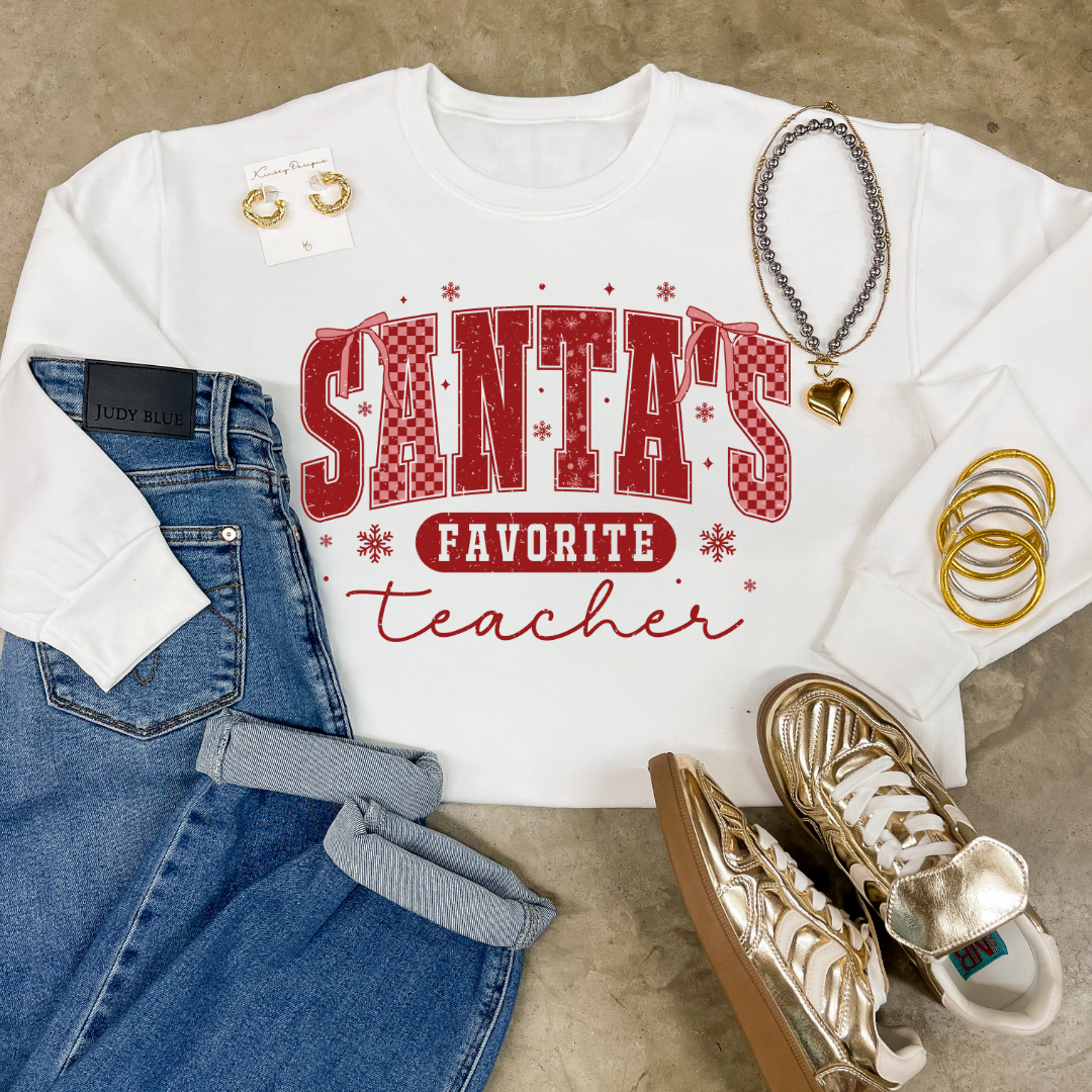 Online Exclusive | Santa's Favorite Teacher Christmas Graphic on Tee and Sweatshirt Options