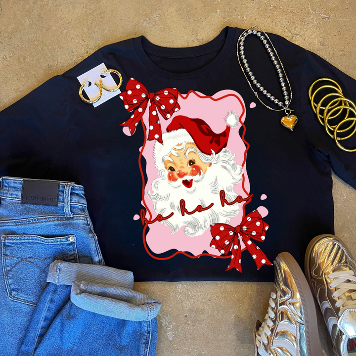 Online Exclusive | Pink Polka Dot Santa Christmas Graphic on Tee and Sweatshirt Options