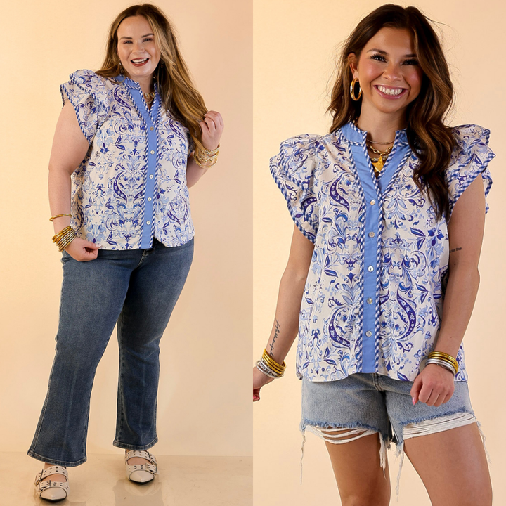 Sassy Sophistication Paisley Print Button Down Flutter Sleeve Top in Blue and White