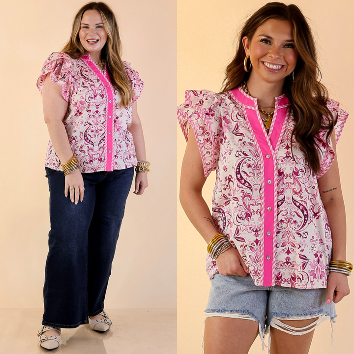 Sassy Sophistication Paisley Print Button Down Flutter Sleeve Top in Pink and White